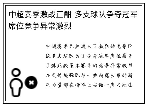 中超赛季激战正酣 多支球队争夺冠军席位竞争异常激烈