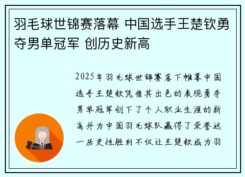 羽毛球世锦赛落幕 中国选手王楚钦勇夺男单冠军 创历史新高